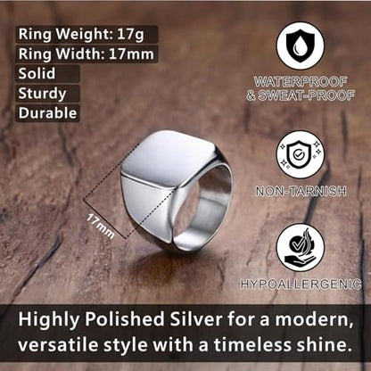 Men's Stainless Steel Square Biker Signet Ring, Black Silver Gold Styles | plain flat top, polished and brushed finish options, chunky profile, pinky or thumb styling, gift-ready for dad or him - color: Silver