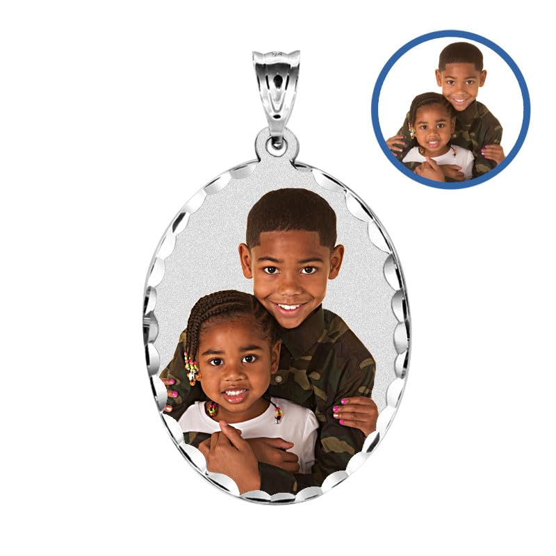 Oval w/Diamond Cut Edge Custom Photo Engraved Pendant - in Solid 14K, 10k, Yellow, White, Or Sterling Silver - color: Solid 10K White Gold With Engraving, size: 3/4 x 1 Inch