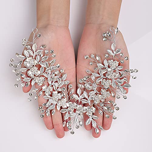 Silver Hairband for Wedding, Big Flower Vine Leaf Headband Rhinestone Headpiece for Bride Bridesmaid Flower Girl Wedding Prom Birthday Party - color: Silver