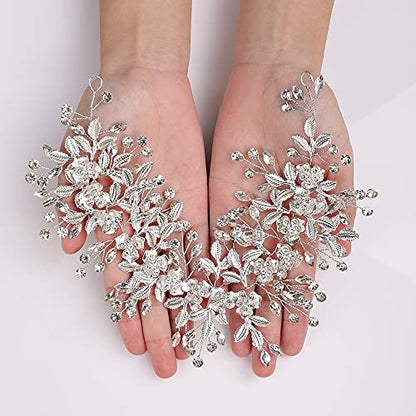 Silver Hairband for Wedding, Big Flower Vine Leaf Headband Rhinestone Headpiece for Bride Bridesmaid Flower Girl Wedding Prom Birthday Party - color: Silver