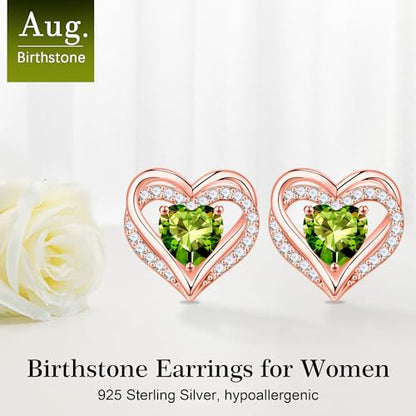 Iefil Birthstone Earrings for Women - 925 Sterling Silver Heart Stud Earrings Birthday Gifts for Women - color: Rose-Gold-Plated-08-Aug-Created Peridot