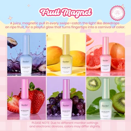 Beetles Fruit Magnet Cat Eye Gel Nail Polish Set, 6 Colors Glass Cat Eye | Glitter Gel Polish Kit Pink Purple Blue Yellow Green Magnetic Shine Soak Off UV Salon DIY Manicure Gift for Women - color: 0-0-0-Fruit Magnet