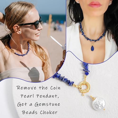 Aobei Pearl 18K Gold Plated Pendant Necklace for Women Dainty Gold Chain Choker Love Heart Disc Coin Pearl Cross Toggle Jewelry - style: Lapis Lazuli Coin Pearl