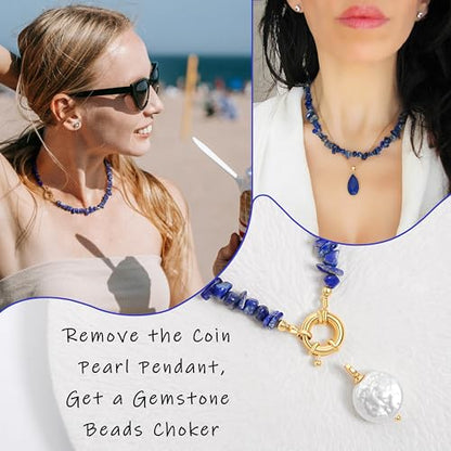 Aobei Pearl 18K Gold Plated Pendant Necklace for Women Dainty Gold Chain Choker Love Heart Disc Coin Pearl Cross Toggle Jewelry - style: Lapis Lazuli Coin Pearl