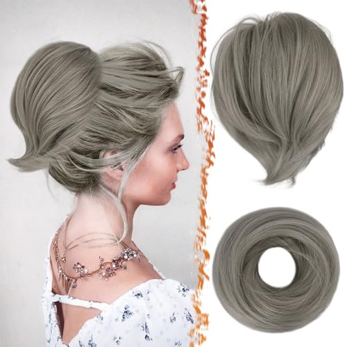 BARSDAR Gray Hair Bun Extensions - Straight Synthetic Fully Short Ponytail Bun Hair Extensions for Women - Elastic Messy Bun Hairpieces Hair Scrunchies Daily - Dark Gray - color: Dark Grey, size: 1 Count - Elastic