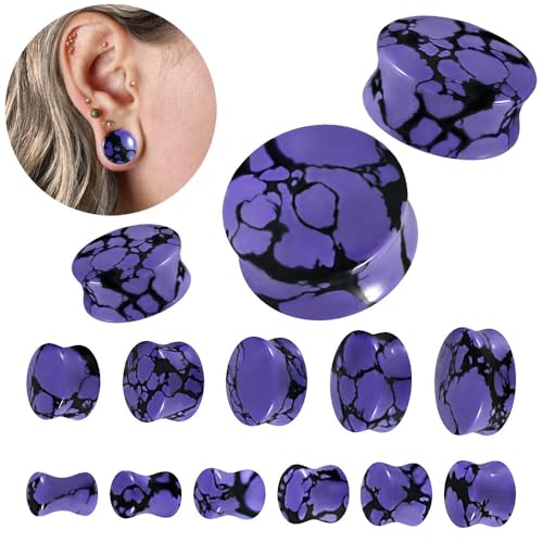 Purple Turquoise Stone Ear Gauges Plugs for Women Men Double Flared Tunnels Expanders Earrings 6-30mm Stretcher Ear Punk Fashion Piercing Body Jewelry - size: 10mm
