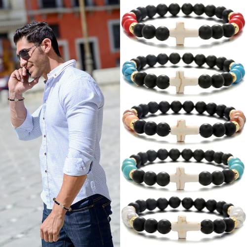 Beaded Bracelets Cross Bracelet for Women Men Lava Rock Turquoise Tiger Eye Natural Bracelet Anxiety Healing - color: 9 Pcs- white cross
