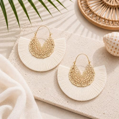 Tassel Hoop Earring Statement Thread Dangle Earrings Stylish Long Fringe Drop Earrings Lightweight Long Swingy French Hook Earrings for Women - color: A Off-white