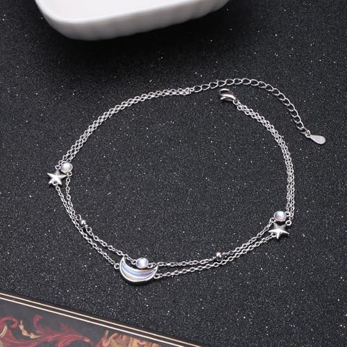 Anklets for Women 925 Sterling Silver Blue Evil Eye Infinity Butterfly Adjustable Multilayer Layered Summer Beach Ankle Bracelet Foot Chain Jewelry for Women - style: Moon & Star