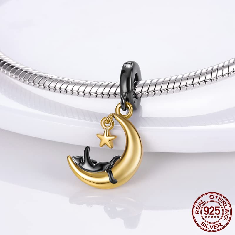Pandach 925 Sterling Silver Charms for Bracelet&Necklace Dangle Pendant Bead with 5A Cubic Zirconia Stones,Jewelry Beads Gifts for Women - style: Kitten and Moon Charm