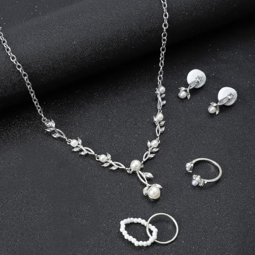 NEWITIN 15 Pieces Pearl Jewelry Set for Women Wedding Costume Accessories | Hypoallergenic, Cubic Zirconia, CZ Necklaces Earrings Bracelets Rings, Silver Jewelry for Wedding Bride Bridesmaid Party Prom - color: Silver Pearl A