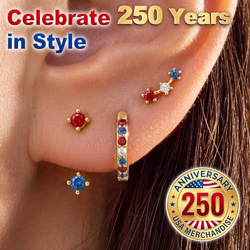 3 Pairs Dainty Small Earrings Set for Women Trendy, Birthstone Stud Huggie Hoop Jacket Stack for Cartilage Helix, Gold Plated Hypoallergenic Cute Women Fashion Accessories Western Jewelry Gifts - color: 4th of July earrings(Gold Red White Blue)