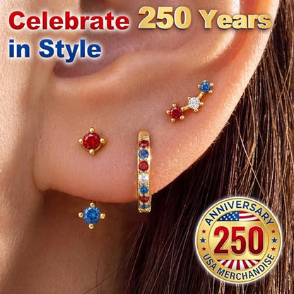 3 Pairs Dainty Small Earrings Set for Women Trendy, Birthstone Stud Huggie Hoop Jacket Stack for Cartilage Helix, Gold Plated Hypoallergenic Cute Women Fashion Accessories Western Jewelry Gifts - color: 4th of July earrings(Gold Red White Blue)