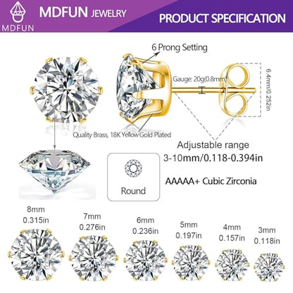MDFUN 6 Pairs Stud Earrings Sets 3-8MM 18K Gold Plated Round 5A+ Cubic Zirconia Earrings Hypoallergenic CZ 6 Prong Ears Jewelry for Women - color: 4MM-Yellow Gold