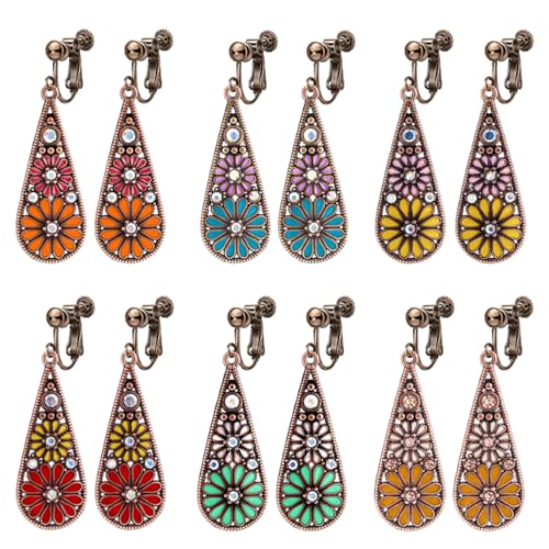 6 Pairs Bohemian Copper Crystal Teardrop Clip On Earrings for Women Handmade Colorful Enamel Floral Dangle Drop Earrings Retro Tribal Style Geometric Design Jewelry Gifts - color: Brown