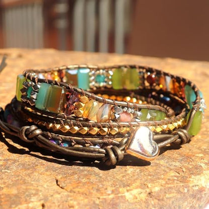 YGLINE Boho Handmade Wrap Leather Tube Crystal Stone Bracelet for Women - color: 3 wrap-mix stone