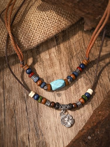 MINACHI Layered Boho Wood Bead Choker Necklace, Hollow Flower Charm, Personality Jewelry for Men and Women - style: Necklace L10-030