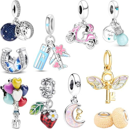 10 Pack Silver Bead Charms Compatible with Charms Bracelet Necklace, Silver Charms for Bracelets for Women, the Pendant Dangle Beads with Cubic Zirconias Are the Perfect Jewelry Gift for Women, Ideal for Christmas, Birthdays, Mother's Day, and Valentine's