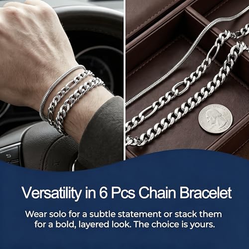 6 Pcs Silver/Gold Bracelets for Men, Cuban Link Chain Stainless Steel Bracelet Stack Metal Figaro Rope Black Bracelet Set Mens Fashion Accessories Jewelry Set for Men Dad Husband Son 7.5/8.3/9 Inches - size: 8.3 in-Men Medium Women Large