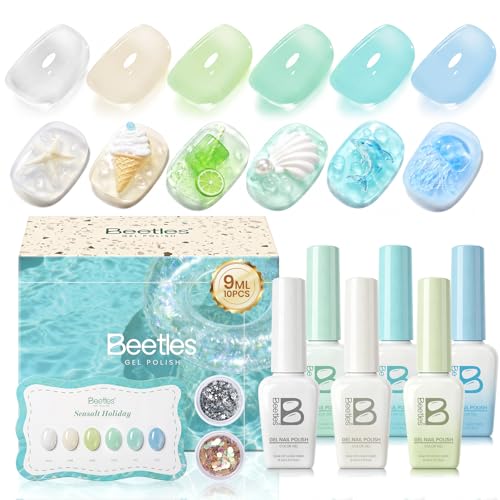 Beetles Jelly Gel Nail Polish Set, Seasalt Holiday 6 Colors 9ML Sheer Gel | Milky White MInt Green Blue Gel Nail Polish Kit Soak Off UV Salon DIY at Home Manicure Gift for Women - color: Seasalt Holiday