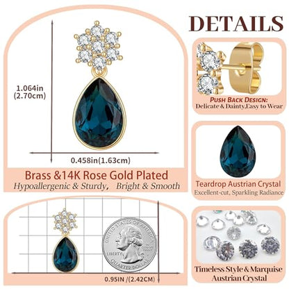 Elegant Austrian Crystal Teardrop Dangle Earrings for Women,14K Gold Plated Flower Drop Earrings Jewelry Gift for Birthday Wedding Anniversary - color: Denim Blue