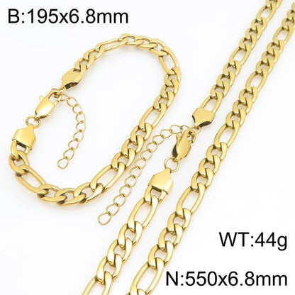 Kemstone Stainless Steel Figaro Cuban Bracelet Necklace Set for Men Women Jewelry - color: Gold 06