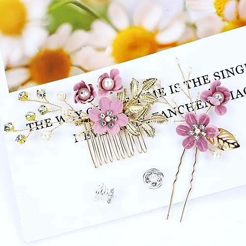Cinaci 18 Pieces Bridal Wedding Party Prom Pearl Rhinestone Purple Flower Hair Side Combs Slides+U-shaped Flower Hair Pins+Twist Spiral Hairpins Floral Headpieces for Brides Bridesmaids Women Girls - color: Purple