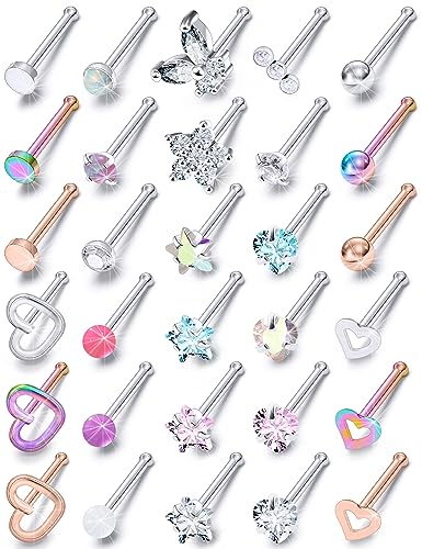 Prjndjw 20G 18G Nose Rings Studs Surgical Steel Nose Stud Glow Dark Heart Opal CZ Flower Nose Piercing Jewelry Nose Rings for Women Straight Screw L Shaped Nose Rings Hypoallergenic Nose Piercing Kit - color: 18G-Straight Bar Nose rings