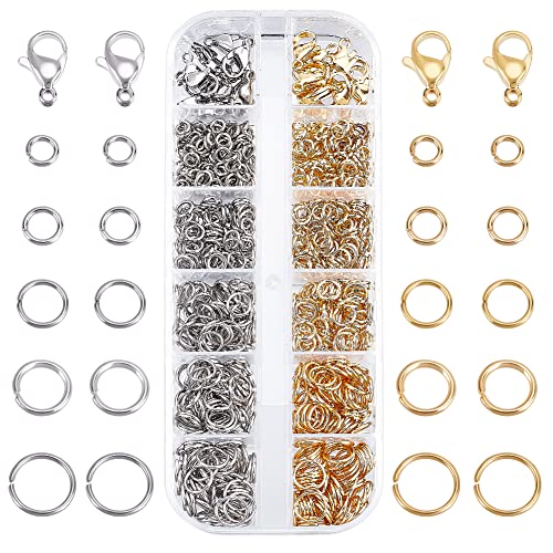 PH PandaHall 720Pcs 304 Stainless Steel Jump Rings with 4mm 20 Pcs Lobster Claw Clasps, 5/6/7/8mm Open Jump Rings Jewelry Clasps Jewelry Findings for Making Necklace Repair, Silver/Gold