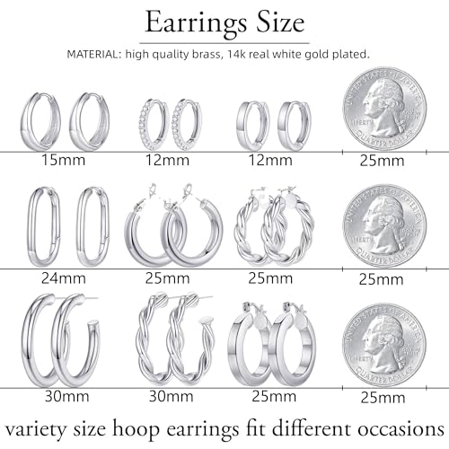 9 Pairs Gold Hoop Earrings for Women, 14K Real Gold Plated Chunky Hoop Earrings Set for Women Hypoallergenic Thick Lightweight Earring for Womens Jewelry Gifts - color: White Gold-Plated