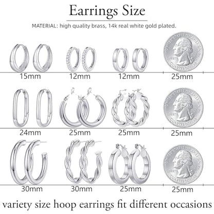 9 Pairs Gold Hoop Earrings for Women, 14K Real Gold Plated Chunky Hoop Earrings Set for Women Hypoallergenic Thick Lightweight Earring for Womens Jewelry Gifts - color: White Gold-Plated