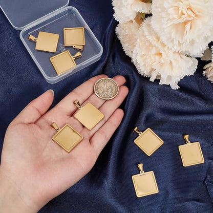 1 Box 10Pcs Stainless Steel Square Bezel Pendant Trays Cabochon Bezel Blanks Bulk 20mm Small Gold Charms DIY Pendant Tray Base for Jewelry Making Resin Craft Photo Necklace Bracelets Adults - style: gold square