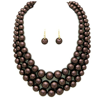 Fashion 21 Women's Faux Pearl Three Multi-Strand Statement Necklace and Earrings Set - color: Dark Brown