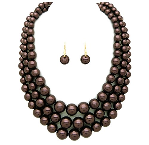 Fashion 21 Women's Faux Pearl Three Multi-Strand Statement Necklace and Earrings Set - color: Dark Brown