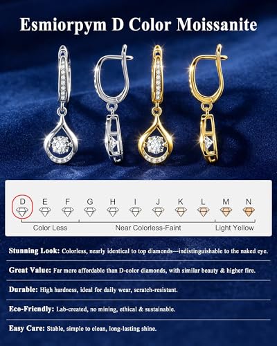 1ct Moissanite Earrings for Women, D Color VVS1 Brilliant Round Cut Teardrop Dangle Earrings, 18K White Gold Plated Click-Top Hoop Drop Earrings, Glow of Firefly Jewelry Gift for Anniversary Wedding - color: Golden