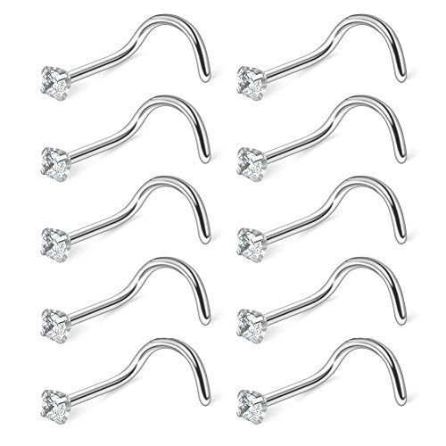 10-30PCS 18G Surgical Steel Mix Color Diamond CZ Nose Stud Rings Screw Piercing Jewelry 1.5mm 2mm 2.5mm 3mm - style: 10PCS - 2mm Clear CZ