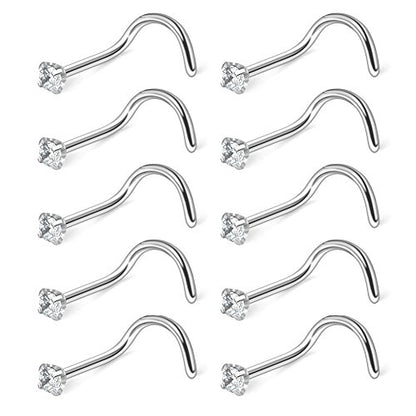 10PCS 20G Surgical Steel Mix Color Diamond CZ Nose Stud Rings Screw Piercing Jewelry 1.5mm 2mm 2.5mm 3mm - style: 10PCS - 2mm Clear CZ
