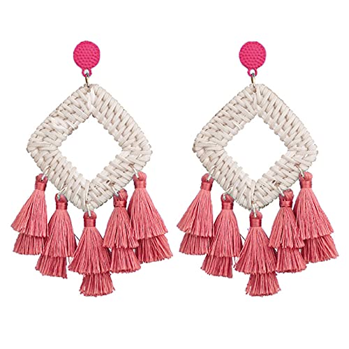 Bohemia Tassel Earrings Statement Handmade Dangle Ethnic Fringe Earrings Bamboo Weaving Geometric Square Sector Gifts for Women - color: B pink
