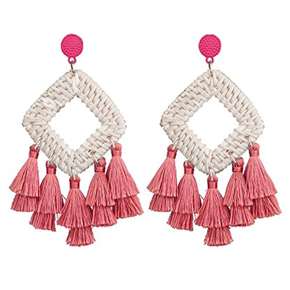 Bohemia Tassel Earrings Statement Handmade Dangle Ethnic Fringe Earrings Bamboo Weaving Geometric Square Sector Gifts for Women - color: B pink