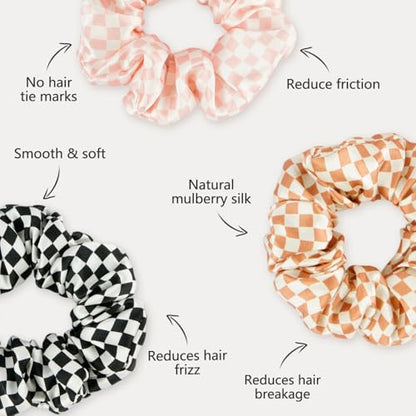 ZIMASILK 100% Pure Mulberry Silk Hair Scrunchies for Women | No Damage - Gentle Elastic Hair Ties for Ponytail Holder - Hair Accessories (3 Pack, Checkered) - color: Checkered Pattern (3pcs)