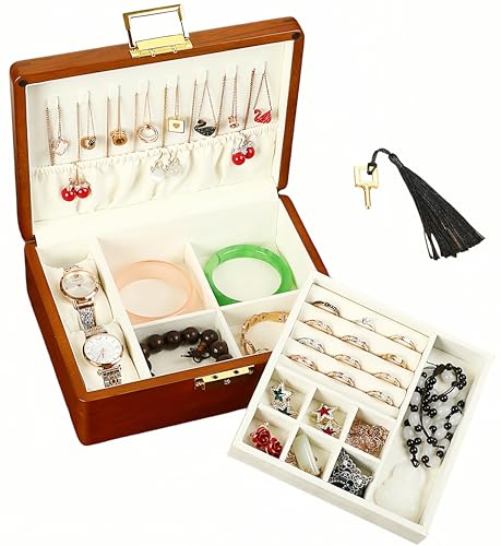 2 Layer Anti Tarnish Solid Wood Jewelry Organizer Box with Lock | Anti tarnish velvet storage for rings earrings necklaces watches wooden jewelry box for women men large locking vintage gift - color: Beige velvet, size: Standard 2-Tier(9.1"L x 7.1"W x 3.3