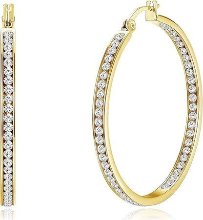 Stainless Steel Inside Out 40mm Hoop Earrings for Women – Sparkling CZ Crystal Hoops, Hypoallergenic, Lightweight, Modern Everyday Earrings – Silver, 18K Gold Plated, & Black Options - color: Silver + 18K Gold Plated