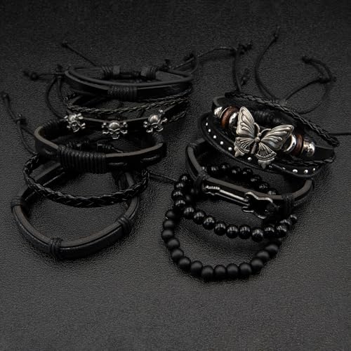 10pcs/set Black Punk Style PU Leather Bracelet Set - Adjustable Cuff Wraps for Men & Women, Perfect for Casual Attire & Gifting