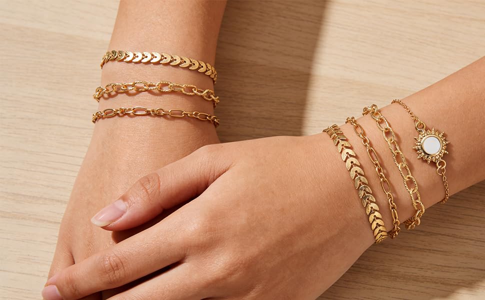 Alegend 14K Gold Plated Stackable Multilayer Bracelets + Titanium Steel(Not Rust, Resist Corruption, Easily Clean) 18K Gold Plated Single Bracelets - color: 14K Gold + 4PCS F