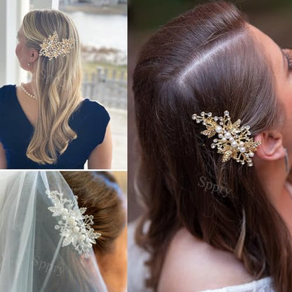 Rhinestone Pearl Alligator Bridal Hair Clips, Set of 2, Silver | For Wedding Prom, Leaf Design, Jewelry Headpiece for Women - color: Silver
