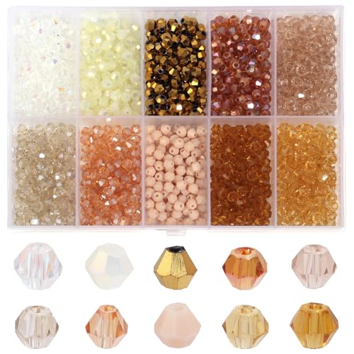 1200Pcs 4mm 10 Colors Faceted Crystal Glass Bicone Beads Loose Bead for DIY Bracelet Necklace Earring Keychain Jewelry Making,Brown - color: Brown