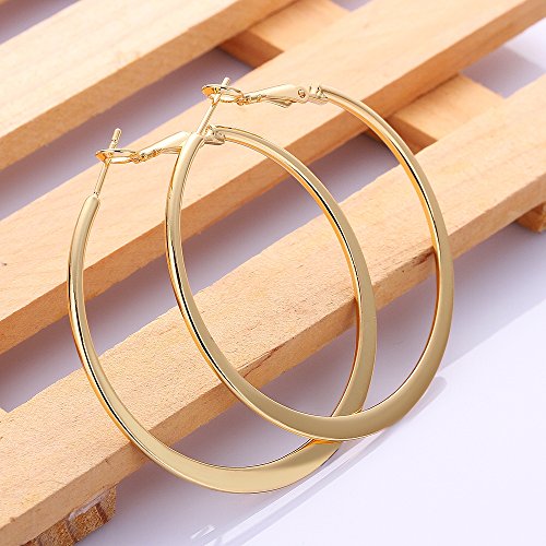 Gold Hoop Earrings,18K Gold Plated Rounded Hoops Earrings for Women - color: yellow-Flattened-2"