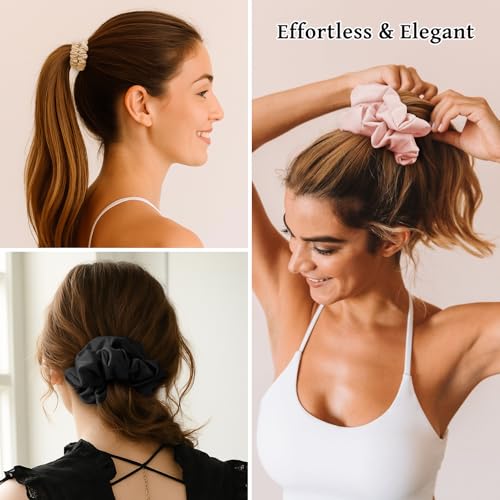 6PCS 100% Mulberry Silk Scrunchies Set, 2 Large and 4 Thin Silk Hair Ties for Women, No Damage Hair Accessories, Black Pink Champagne - color: Color 01