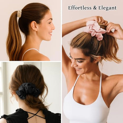 6PCS 100% Mulberry Silk Scrunchies Set, 2 Large and 4 Thin Silk Hair Ties for Women, No Damage Hair Accessories, Black Pink Champagne - color: Color 01
