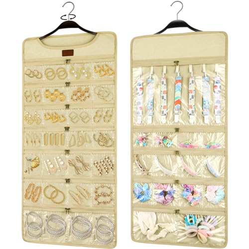 SMRITI Hanging Jewelry Organizer with Dual Zippered Pockets Canvas Double Sided Rotating Hanger Necklace Hanging Wall Organizer Earring Dustproof Holder Wall Mount Accessories Display Bag(Beige) - color: Beige